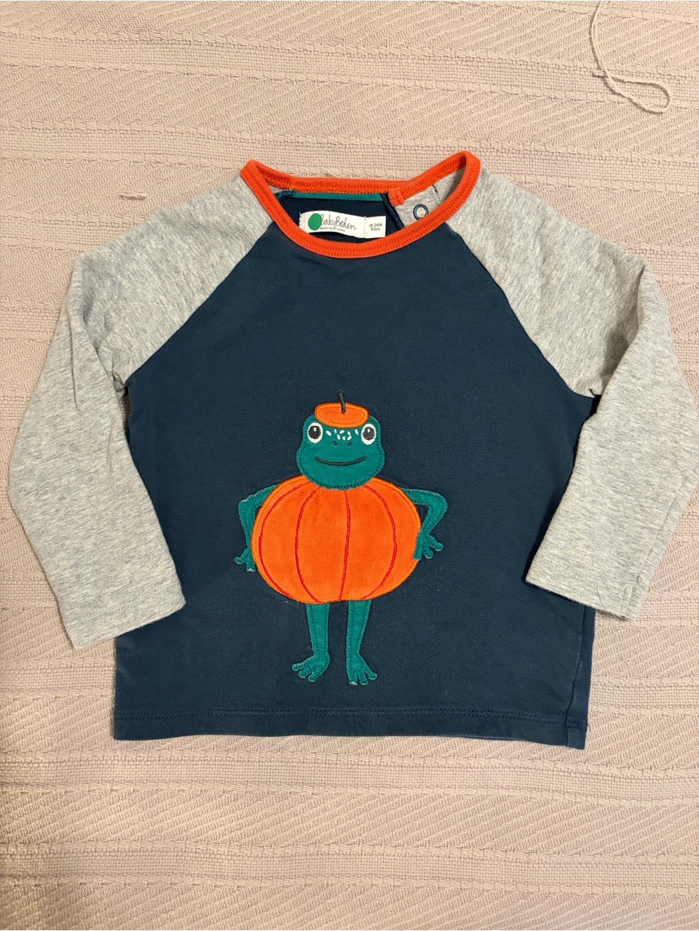 Baby Boden Frog in Pumpkin appliqué Navy Raglan Tee with Gray Sleeves